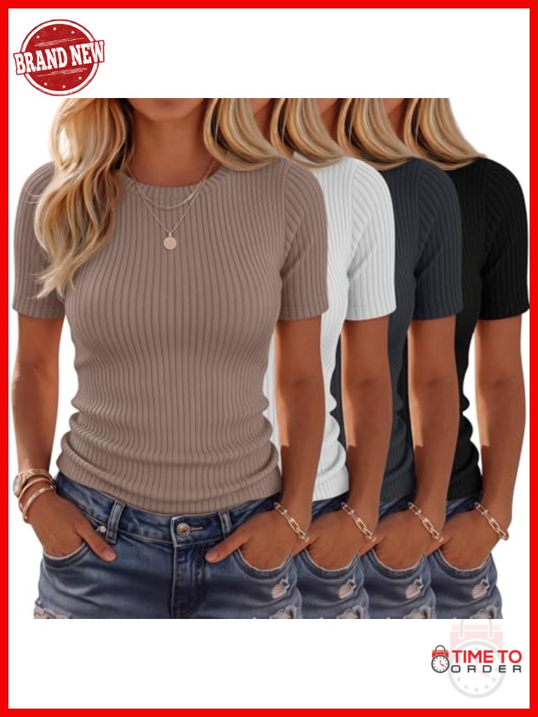 4 Pack Women's Ribbed T-Shirts Cotton Short Sleeve Fitted Basic Tops Crew Neck